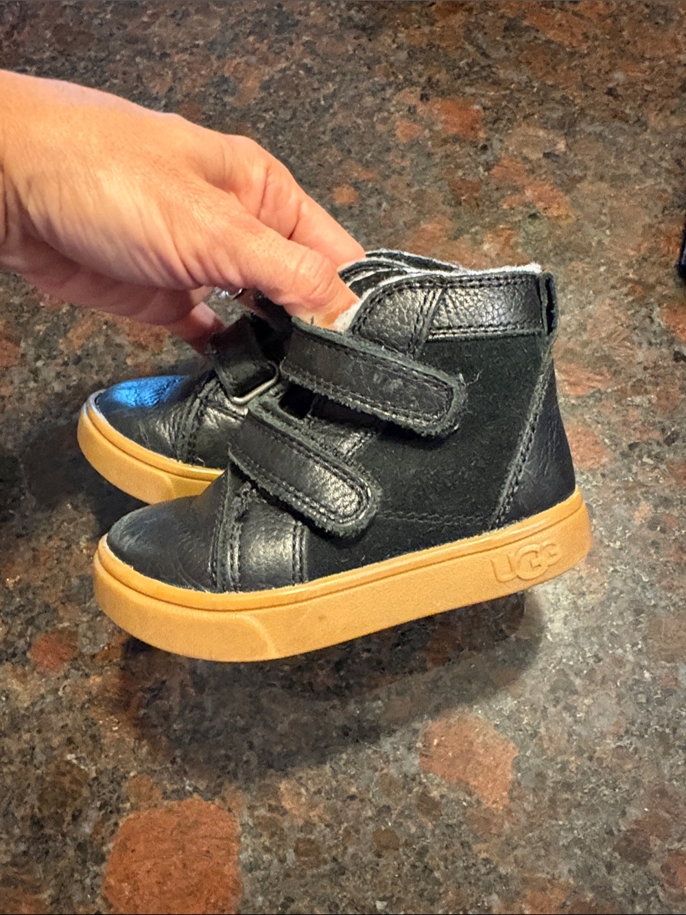 UGG toddler Black Leather High Top Sneakers with Tan Sole